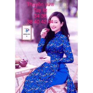 Áo dài lập thể Xanh bích hoa lá hàng may sẵn cổ thuyền vừa tay lỡ-Ảnh thật