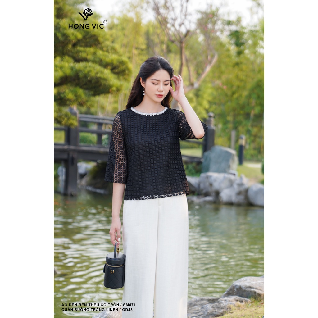 Áo đen ren nữ thiết kế Hong Vic thêu cổ tròn SM471