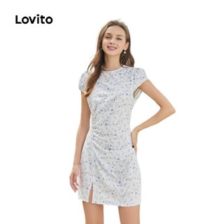 Lovito Đầm cổ tròn xẻ tà in hoa giản dị L24AE003 (Xanh lam nhạt)