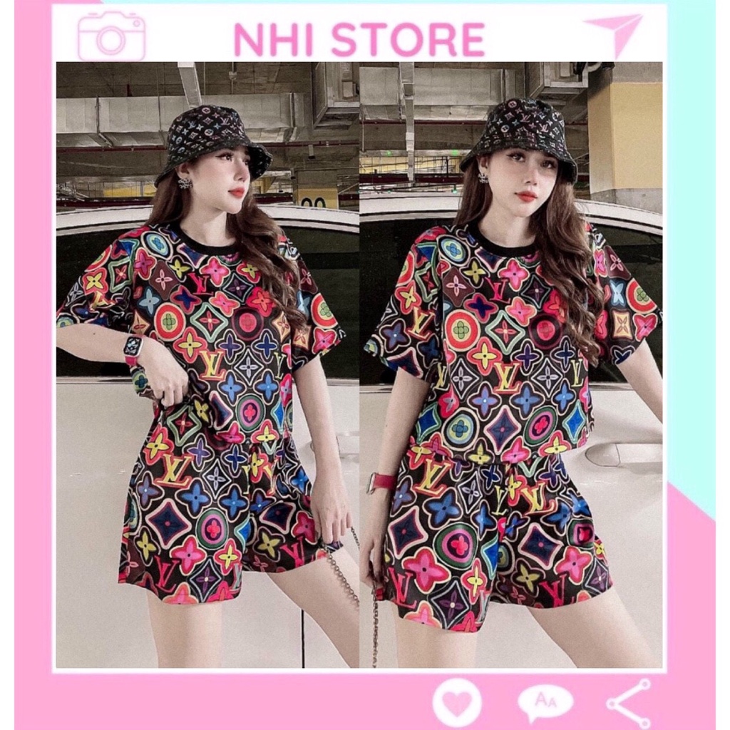 Set Bộ Thun Nữ Nhistore Áo Thun Form Rộng Phối Quần Ngắn Thun Lạnh in 3D Ngũ Sắc Thời Trang 45-65kg