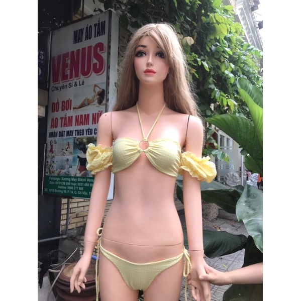 Bikini áo tắm 2mảnh khoen màu vàng kèm quây chất vải xốp ( có video +hình thật )