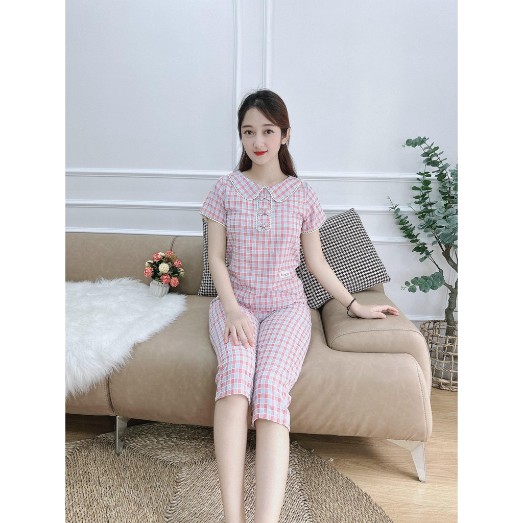 Bộ mặc nhà chất kẻ lông mềm mịn 3 nơ cổ sen