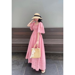Đầm midi hồng phối xô ren tay bo chun ngực