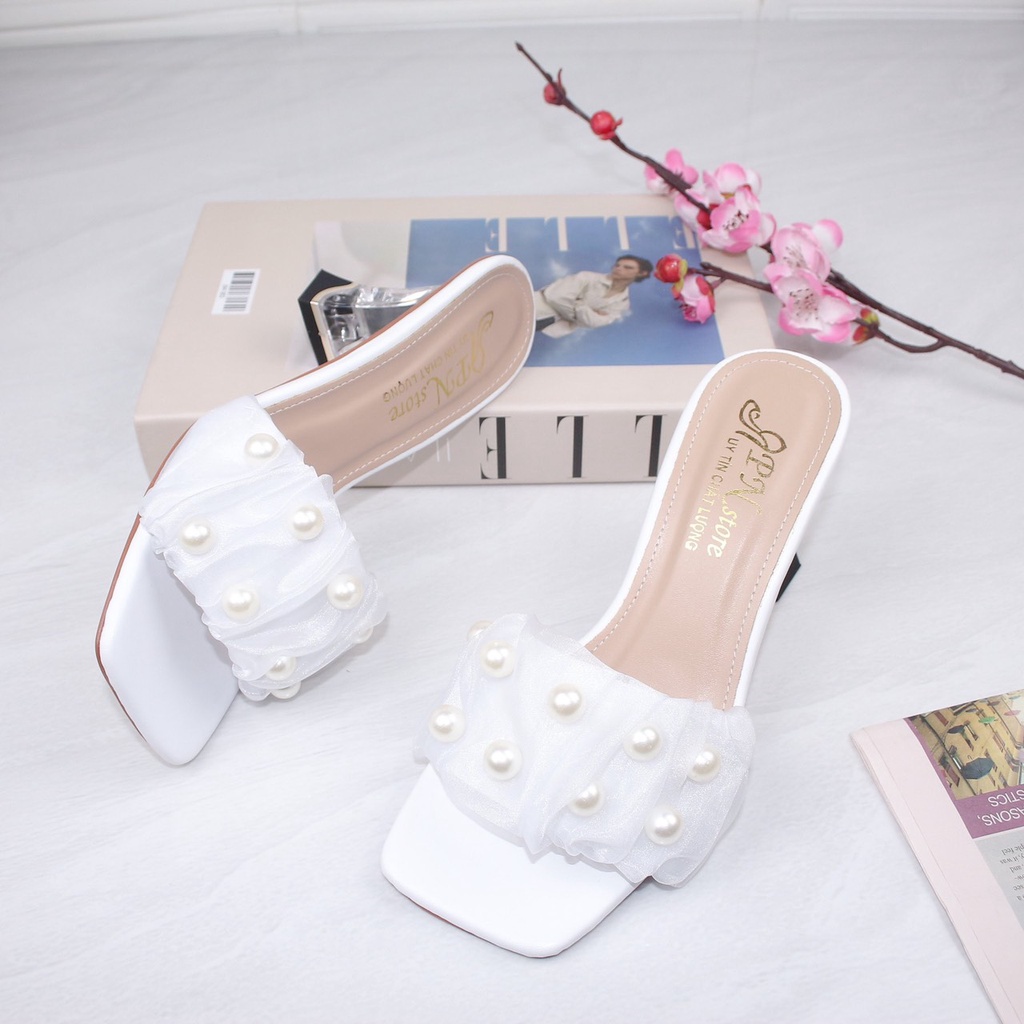 Guốc cao gót vuông trong 7p quai bản nhún ren kết hạt châu lớn G21