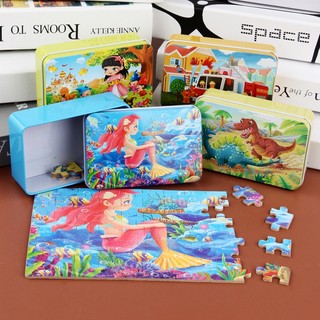 Bộ đồ chơi xếp hình bằng gỗ 60 mảnh puzzle có hộp thiếc cho bé