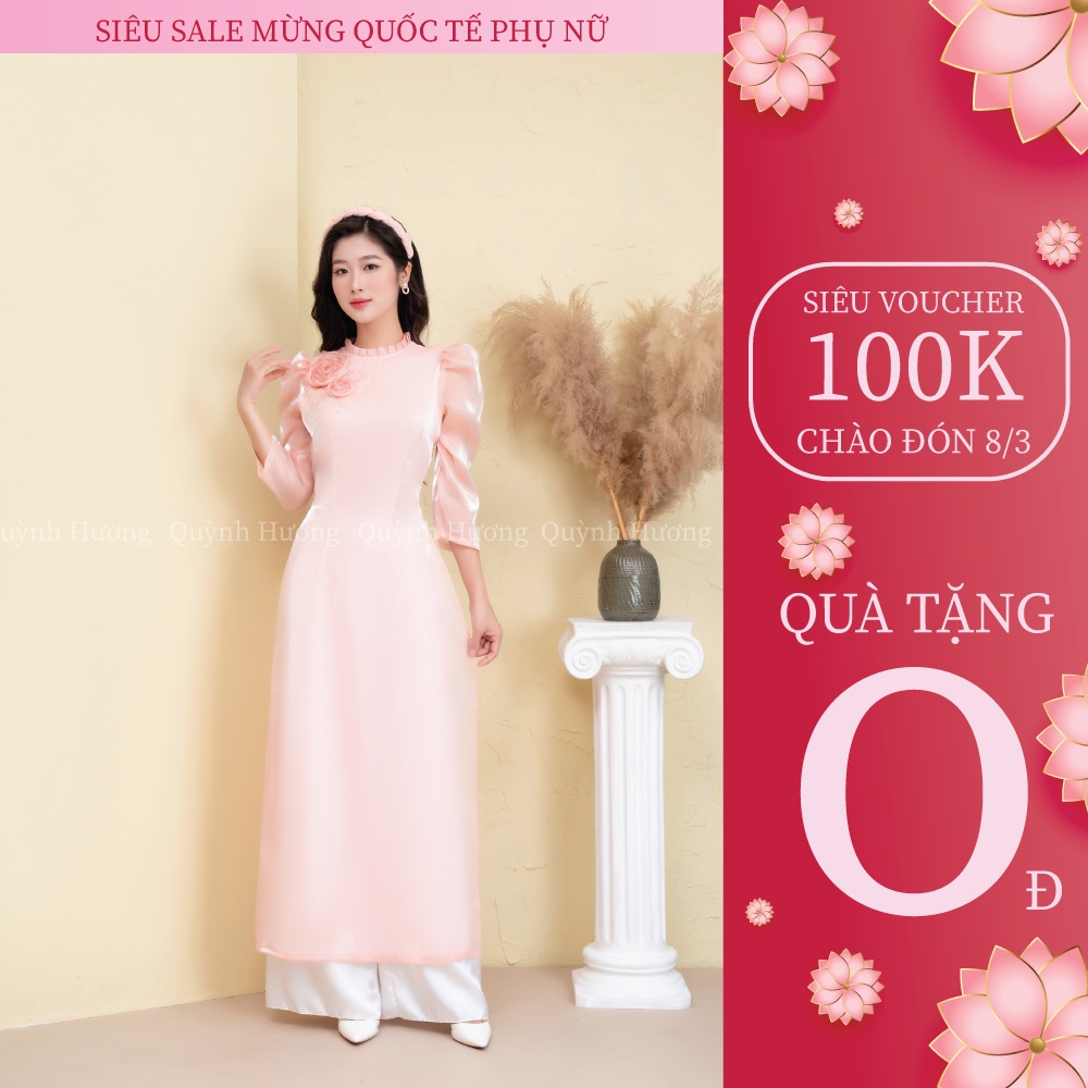 Áo dài voan hồng cổ xếp kết hoa ngực 3D cách điệu by Quỳnh Hương