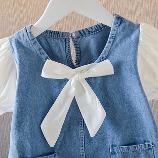 Váy bò cho bé gái tay phối sơ mi, váy jean kèm nơ xinh xắn