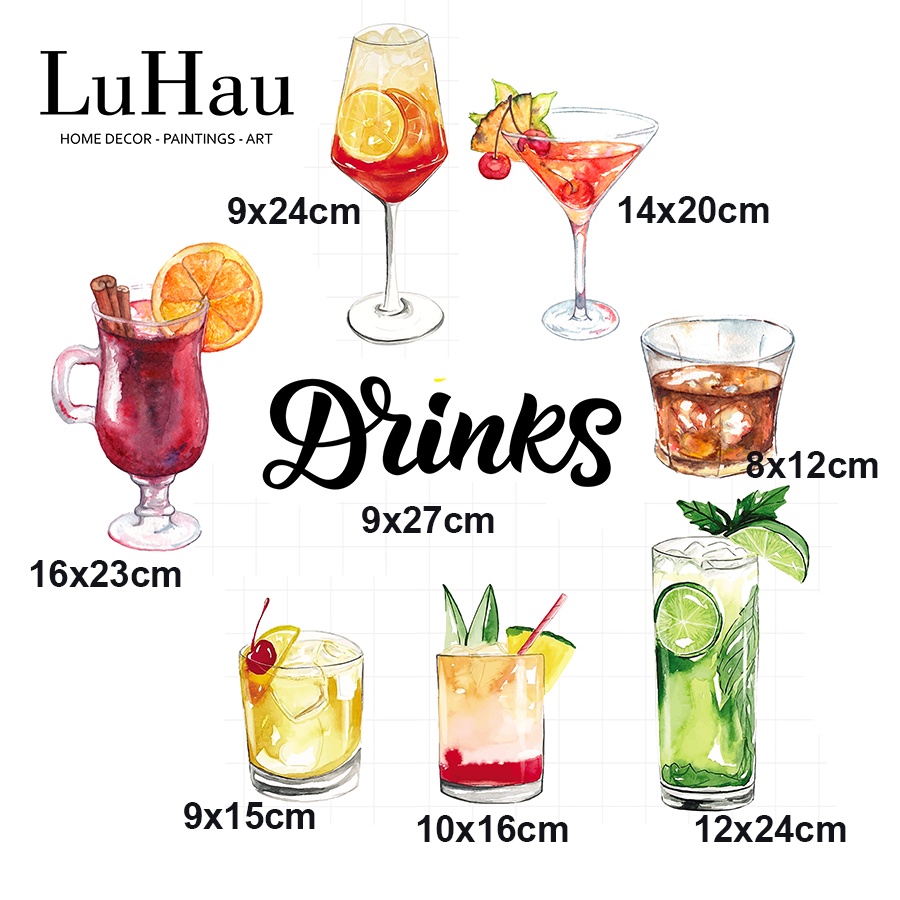 Bộ tranh dán tường chủ đề đồ uống Drinks trang trí quán cafe trà sữa chất liệu gỗ PVC tặng kèm băng dính 3M