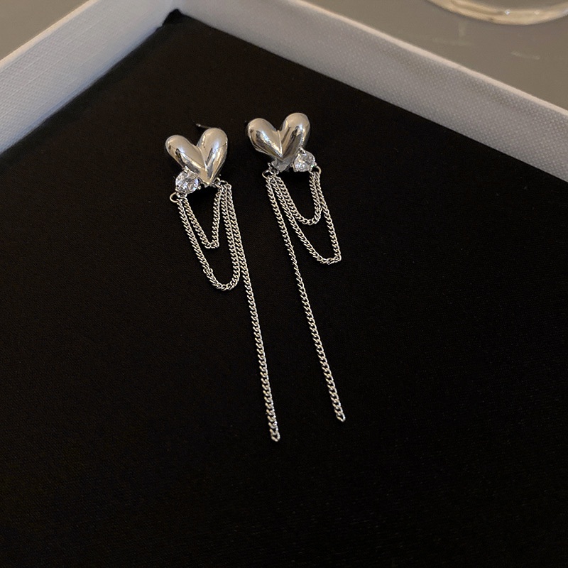 Khuyên tai kẹp không bấm lỗ chốt cố định K009 bằng hợp mạ bạc hình trái tim dáng dài Leous Accessories