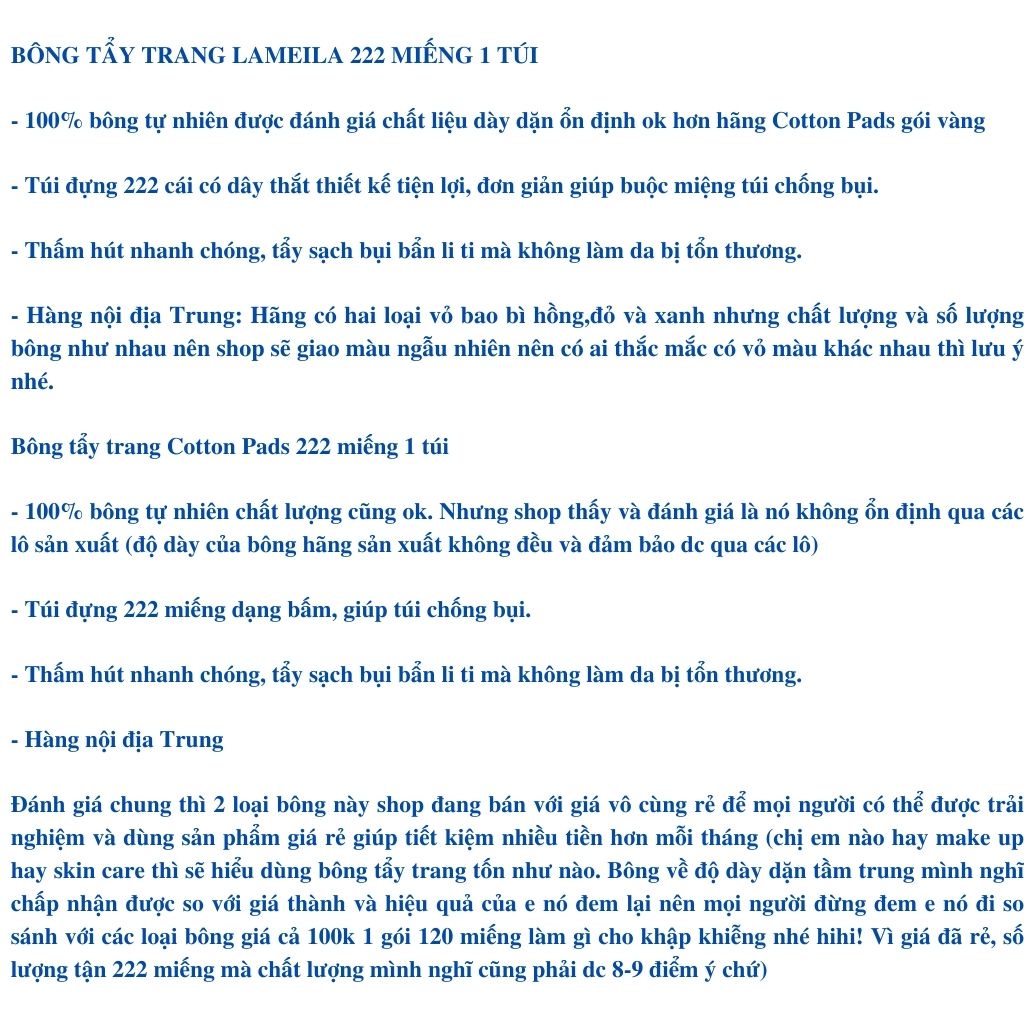 Bông Tẩy Trang Lameila 222 Miếng 3 Lớp Cotton không xơ, mềm mịn, siêu thấm hút nhanh chóng