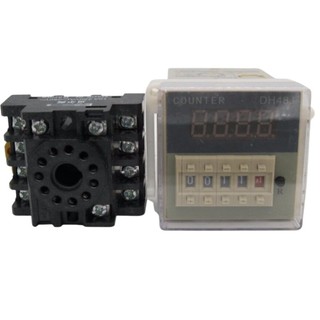 Bộ đếm 4 số tự động DH48J-11 từ 1 đến 999900 digital counter 11 chân tròn điện áp 220VAC kèm chân đế PF113A