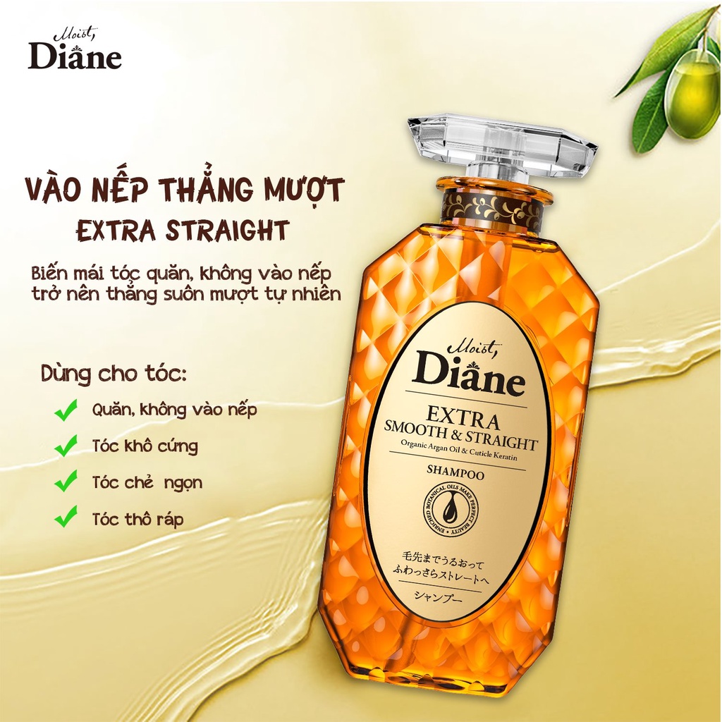 Cặp Gội Xả Vào Nếp Suôn Mượt Moist Diane Extra Straight dành cho mái tóc khô, quăn, không vào nếp