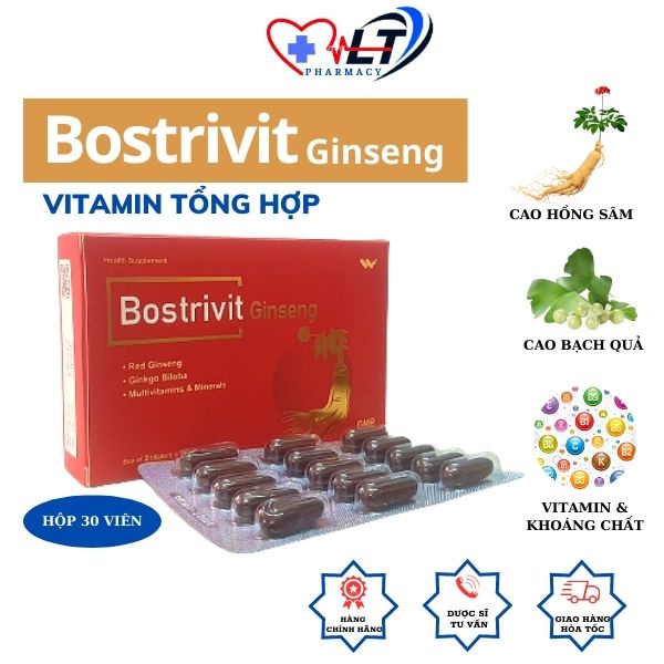Vitamin tổng hợp Bostrivit Genseng (Hộp 30 viên), Bổ sung vitamin & khoáng chất,Tăng sức đề kháng, Giảm suy nhược cơ thể