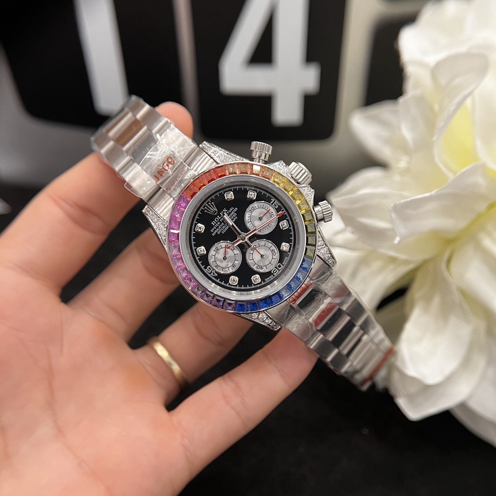Đồng hồ Nam Rolex dây kim loại đá màu máy nhật dòng cơ Automatic vỏ đá trắng size 41mm