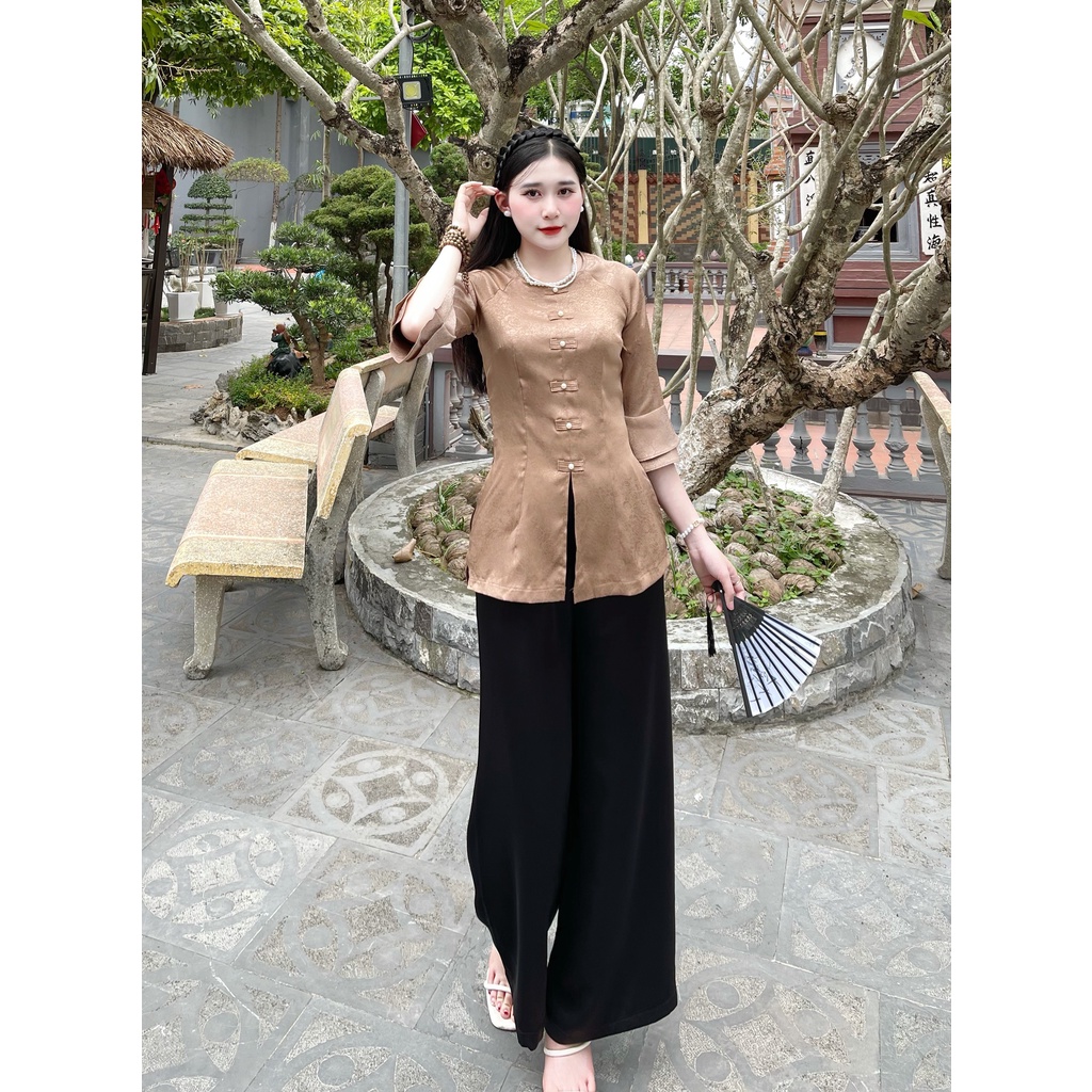 Đồ Lam Đi Chùa Nữ - Bộ áo gấm tay loe  Không Nhăn, Không Bai Giãn, Không Phai Màu