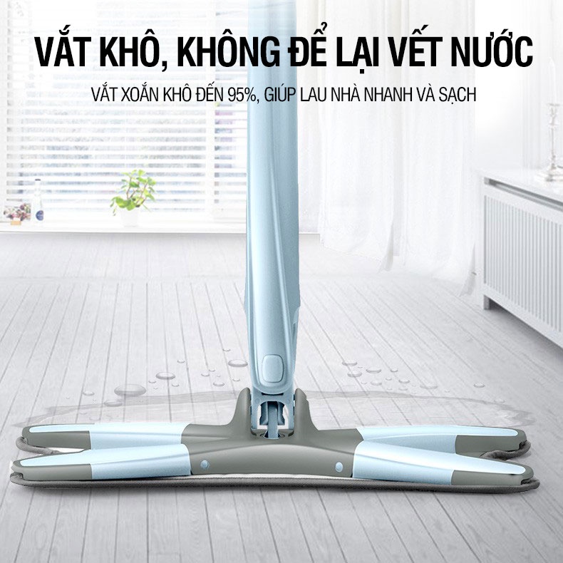 Cây lau nhà tự vắt Kitimop-DRY hình chữ X, lau khô và lau ướt, thanh thép không gỉ, khớp xoay 360 độ, 2 bông lau