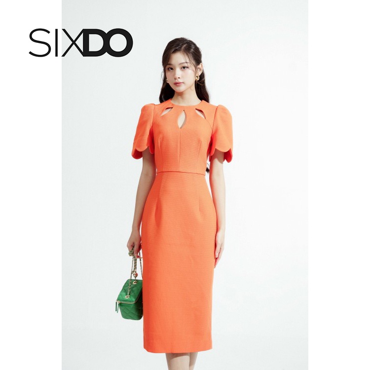 Đầm midi cổ khoét cánh hoa thời trang SIXDO (Orange Keyhole Neckline Midi Raw Dress)