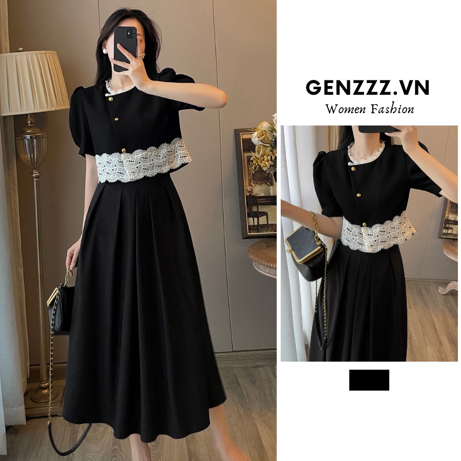 Set áo ngắn tay phồng phối ren và chân váy dài xếp ly phong cách Hepburn, cổ điển, sang trọng, bộ đồ tiểu thư, hàng Quảng Châu cao cấp dành cho nữ