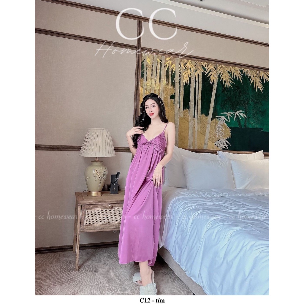 Đầm ngủ váy ngủ sexy C12 hàng hiệu CC HOMEWEAR dáng dài chất lụa maxi xếp li ngực