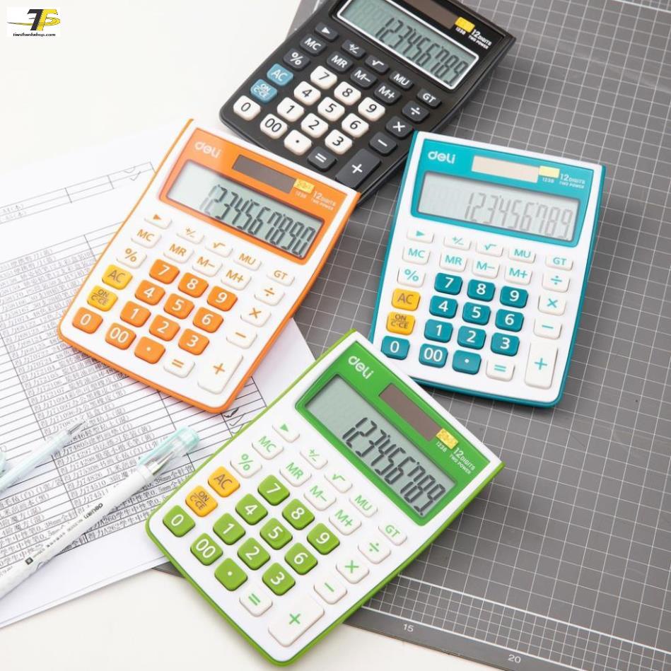 Máy tính kỹ thuật 12 số Deli 1238 - Đen, Cam, Xanh dương, Xanh lá