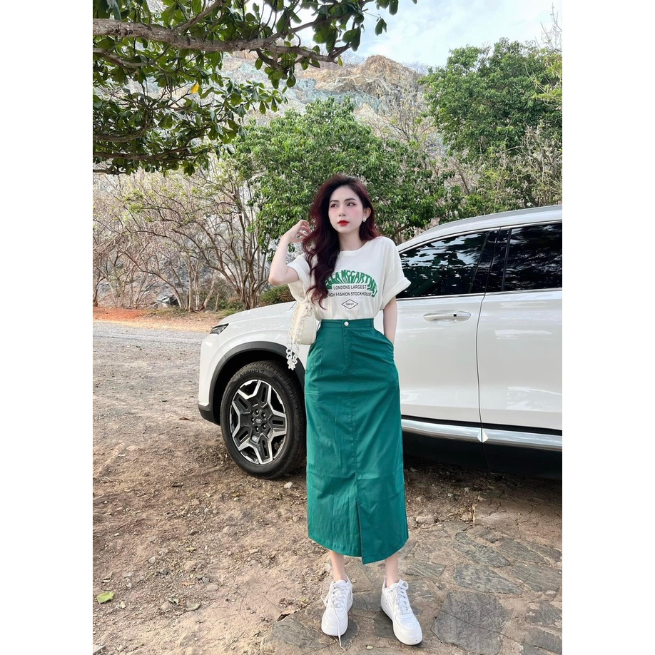 set chân váy xẻ Midi xanh + áo pull in chữ( free ship)