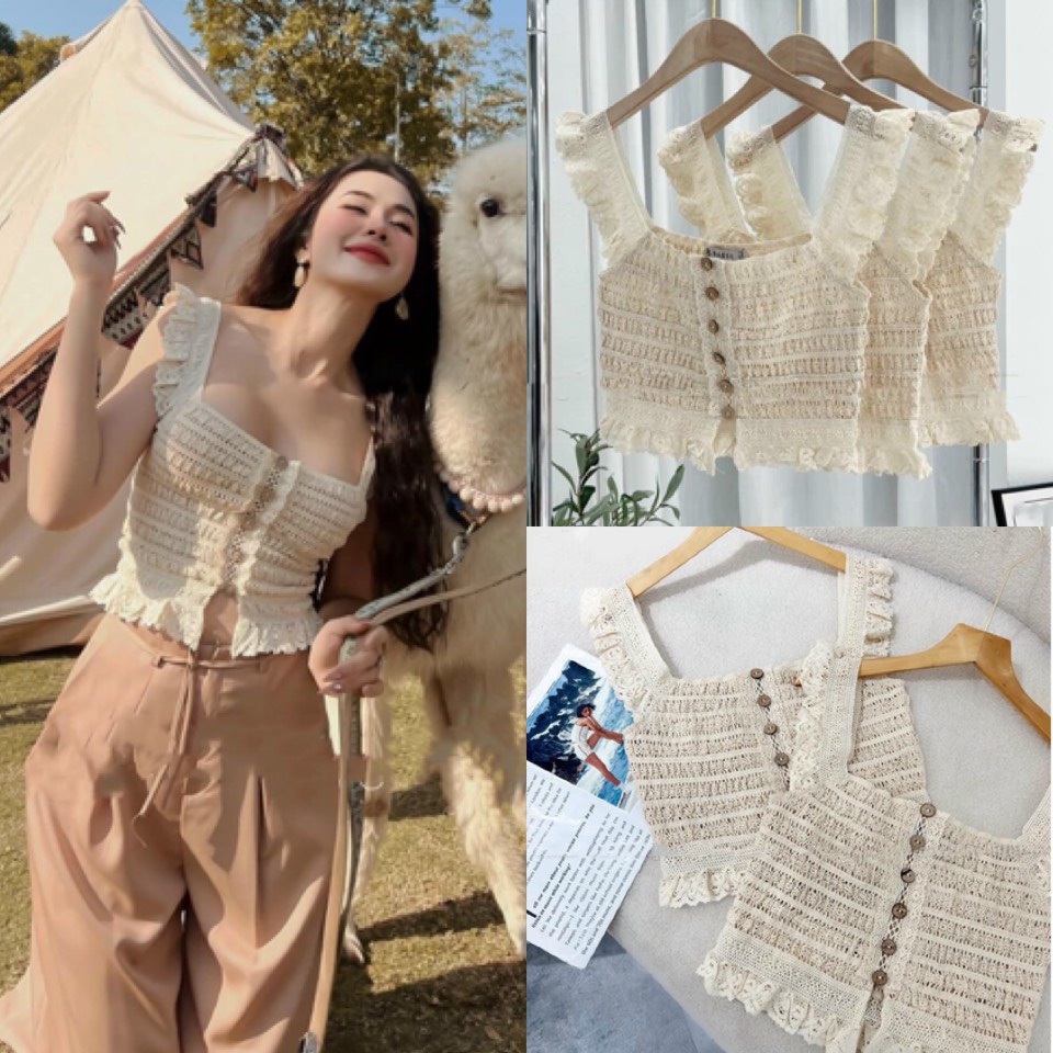 Áo Hai Dây 2s, Áo Đi Biển Ren Móc Hàng Quảng Châu