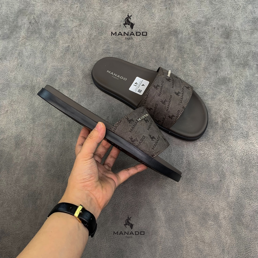 Dép da nam quai ngang cao cấp Manado Mã MND18 màu xám fullbox, quai da mềm mại, đế cao su thiết kế chắc chắn