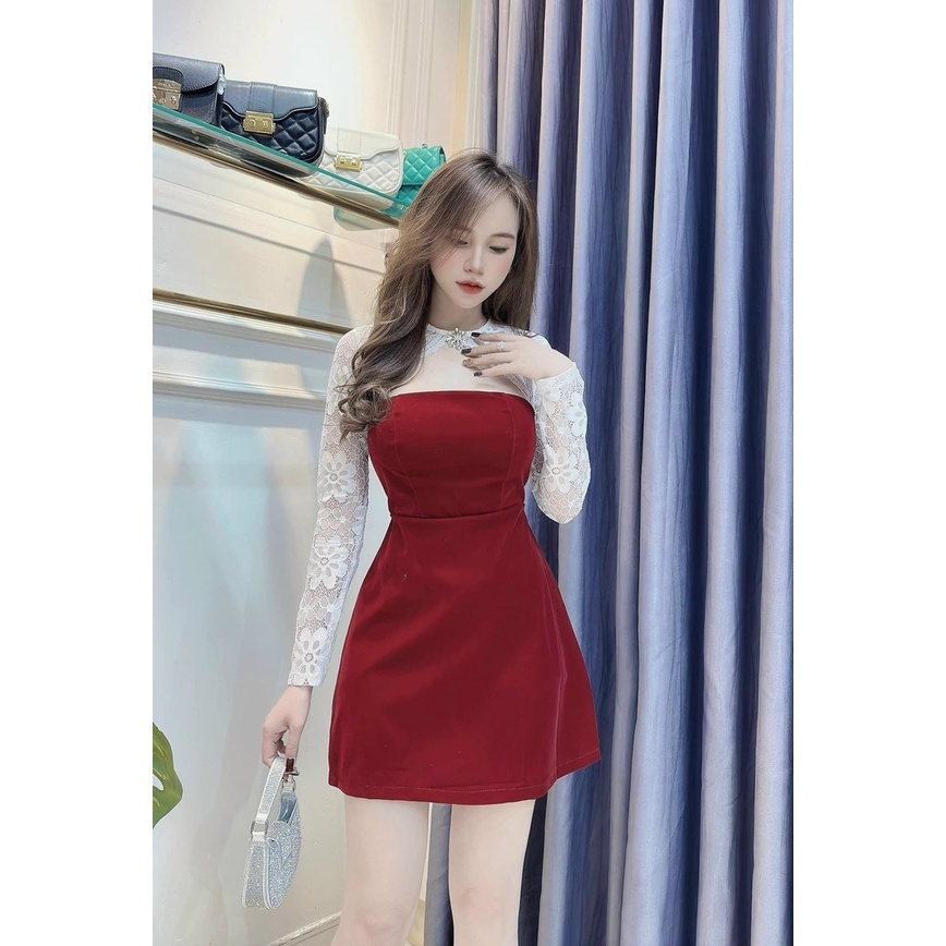 Đầm dự tiệc, đầm umi cổ sơ mi khoét ở ngực phối ren tay dài, sang chảnh đơn giản
