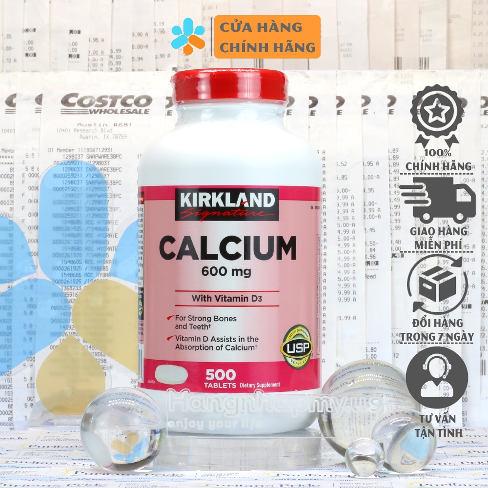 Viên uống Canxi Kirkland Calcium 600mg + D3 hộp 500 viên của Mỹ