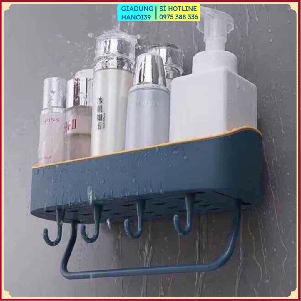 Giá đựng đồ nhà tắm cao cấp - Kệ nhà tắm nhà bếp dán tường hút chân không bằng nhựa có móc treo 4 râu móc 1 móc phơi dài