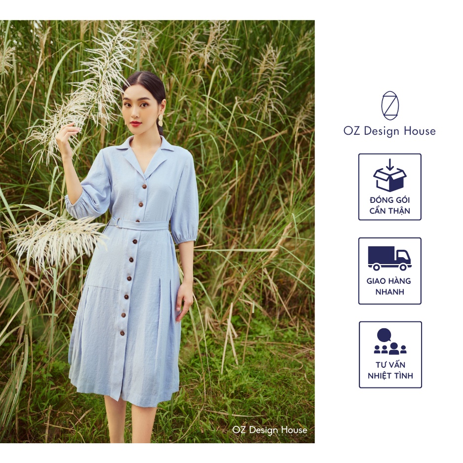 Đầm nữ OZ Design House DA04168AUT23 cotton cổ hai ve dáng suông cắt cúp tay lỡ màu xanh nhạt