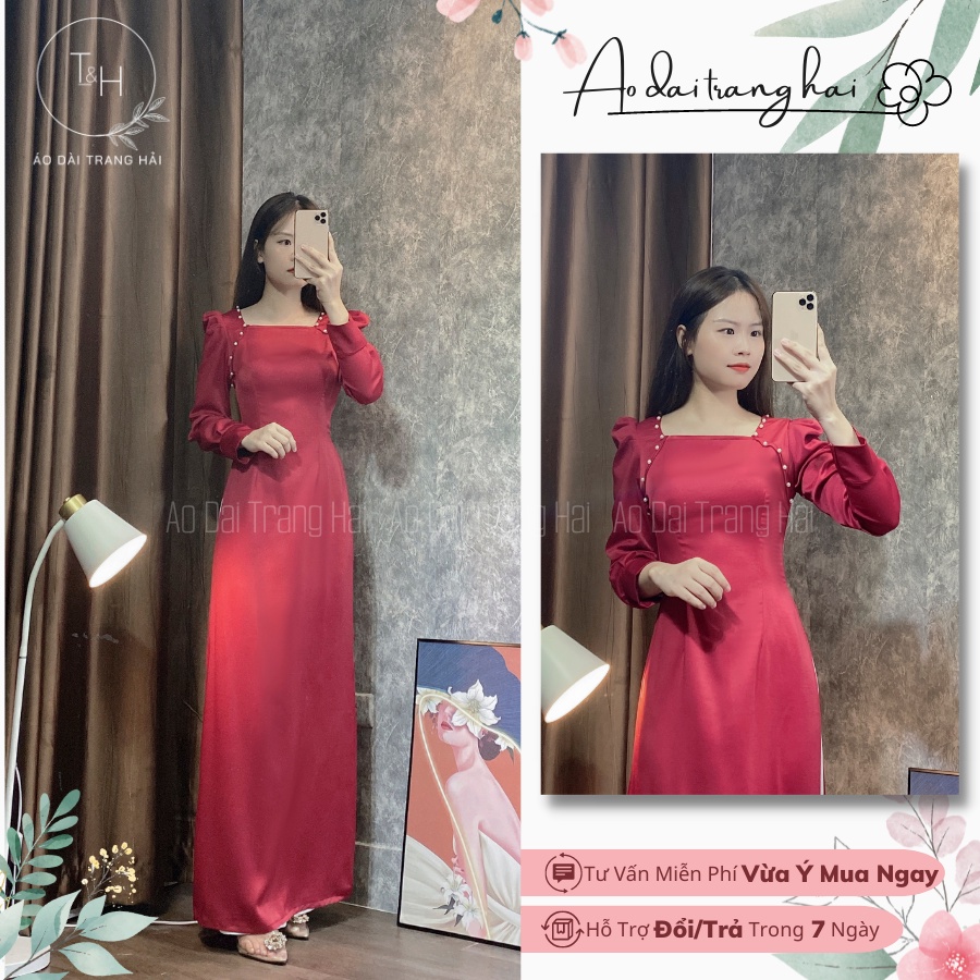 Áo dài cách tân cổ vuông tay bồng đính hạt-Trang Hải