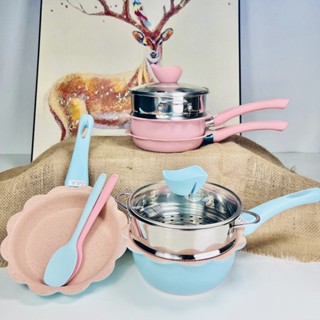 Bộ Nồi Chảo Cho Bé Ăn Dặm, Nồi Chảo Nấu Quấy Hình Hoa Cao Cấp, Men Đá Chống Dính, Kèm Xửng Hấp