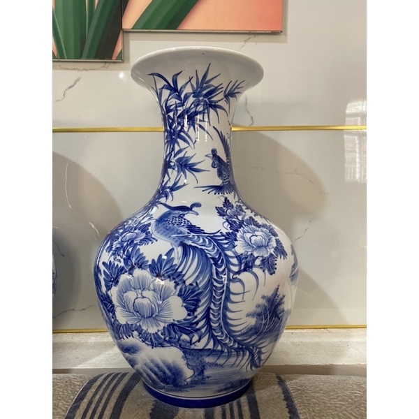 Bình hút lộc chiêu Tài Lọ hoa dáng củ tỏi sứ Bát Tràng men lam cổ vẽ tích xưa cao 46 48 51 cm