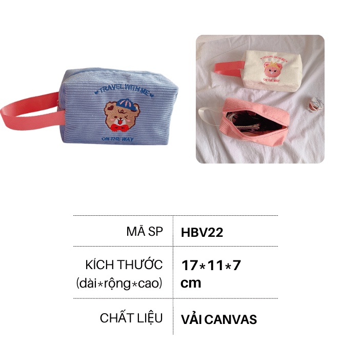 Hộp đựng bút vải nhung tăm hình gấu cute 1 to ngăn - Túi bút nhung tăm đựng mỹ phẩm, Bóp viết DUHU HBV22