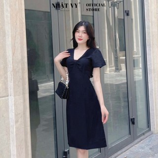Đầm Đi Chơi NHẬT VY Cổ V Hình Nơ Chiết Eo Phối Tay Bồng Cách Điệu Màu Đen, Xanh Mint, Vàng - D1998