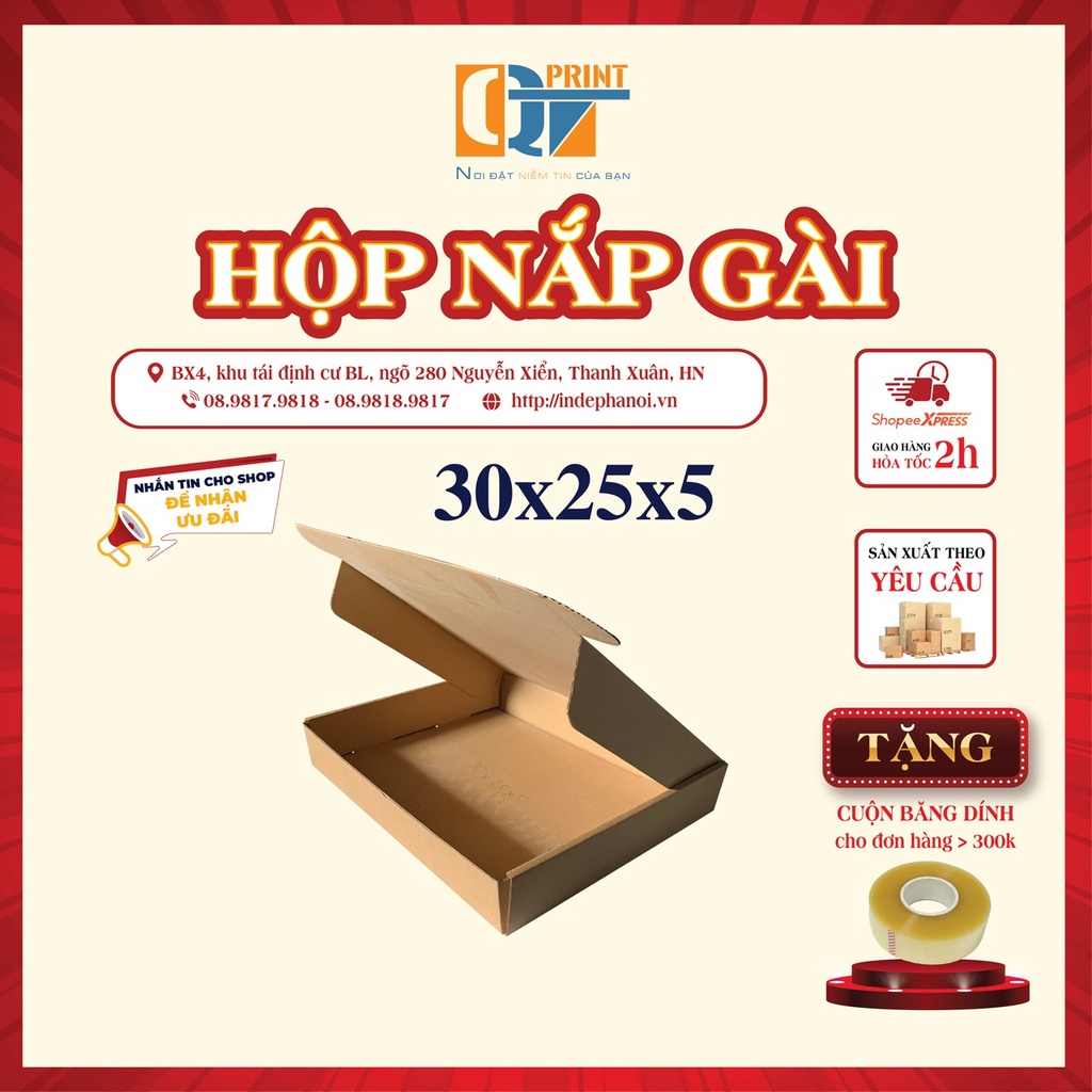 Hộp carton nắp gài 30x25x5 đóng gói hàng cứng cáp BaoBìQT.
