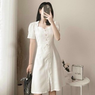 Đầm trắng nút ngọc cổ tim (kèm hình thật)