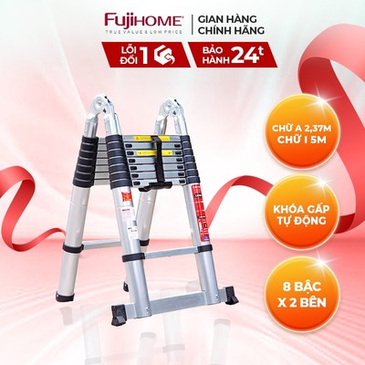 Thang nhôm rút gọn chữ A FUJIHOME TLA08 chiều cao tối đa 5m - 2x8 bậc - Đế cao su -Bảo hành 24 tháng
