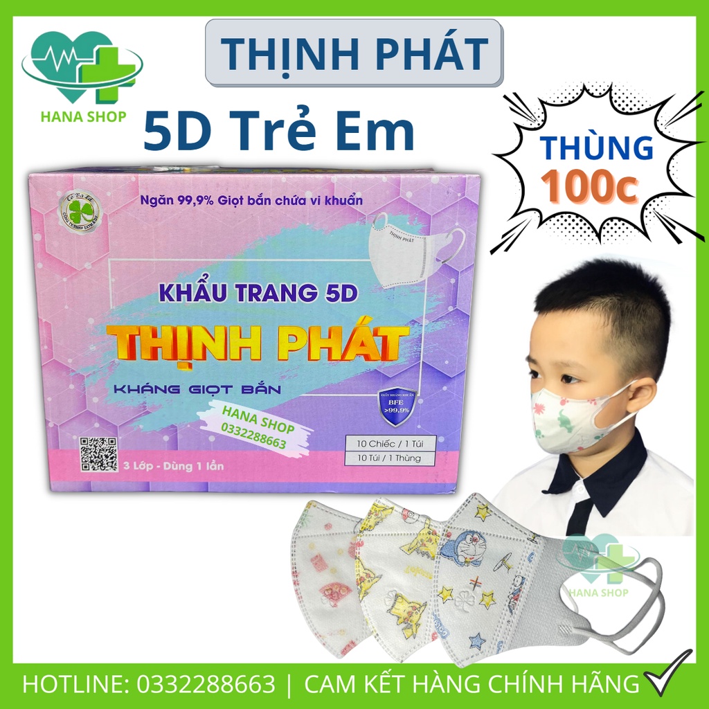 Khẩu Trang Trẻ Em 0-15 Tuổi KIDS Thịnh Phát 5D Ôm Mặt An Toàn Thông Thoáng Lọc Bụi Mịn Chống Tia UV