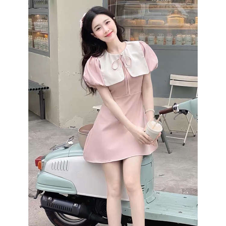 Váy thủy thủ bánh bèo phối cổ nhún tiểu thư dễ thương, Đầm babydoll dự tiệc ulzzang hàn quốc màu hồng | BigBuy360 - bigbuy360.vn