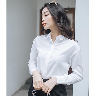 ÁO SƠ MI NỮ TRẮNG TAY DÀI DÁNG XUÔNG CỰC XINH