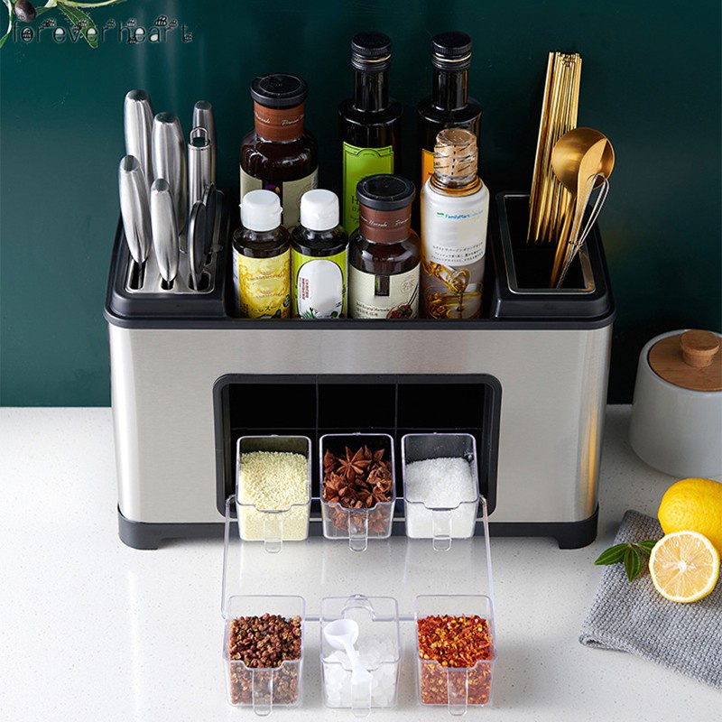 Kệ gia vị nhà bếp kèm giá dao, đũa, thìa inox 304 cao cấp1