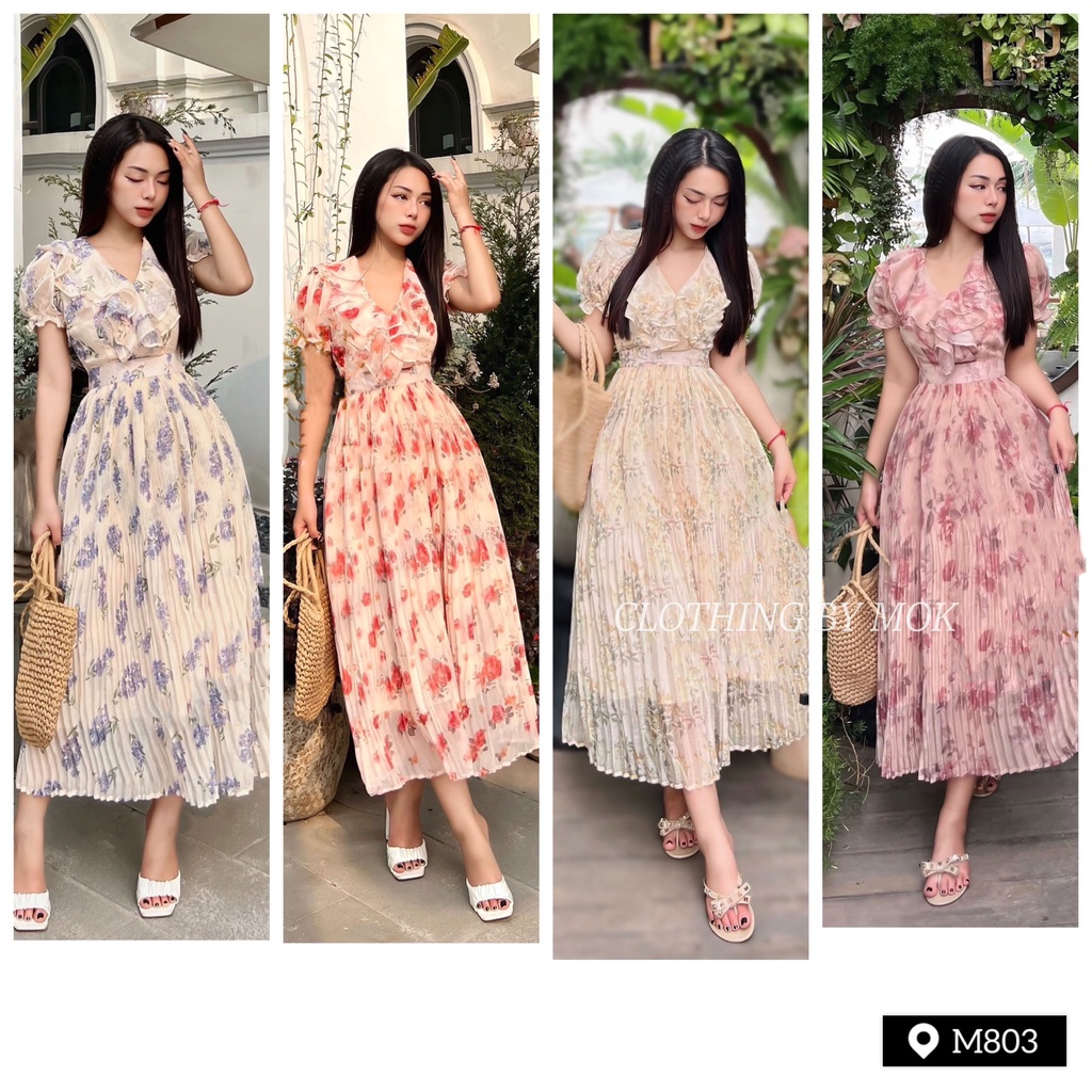 Váy hoa xếp ly phối bèo cổ chất voan tơ 4 màu phong cách tiểu thư xinh xắn - Clothing By Mok chuyên hàng thiết kế