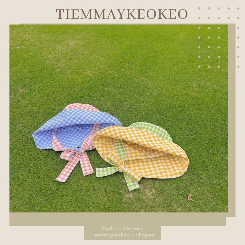 Mũ nón vành rộng thiết kế TIEMMAYKEOKEO mũ bucket vải caro mềm mại hai mặt kèm dây nơ tháo rời cho nữ