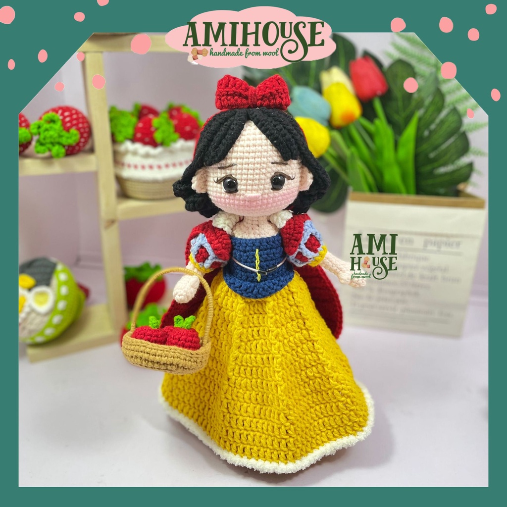 Búp bê bạch tuyết bằng len móc handmade cho bé, gấu bông len móc, 100% sợi cotton - Ami House