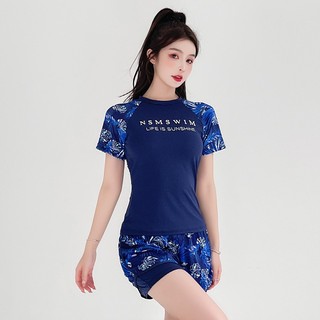 Đồ bơi tay lửng quần đùi họa tiết hoa xanh đen