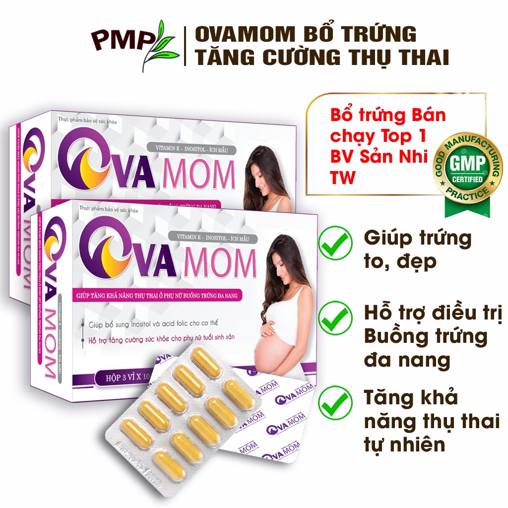 Combo 2 Hộp Bổ Trứng Ova Mom PMP Hỗ Trợ Mang Thai, Trứng Khỏe, Đa Nang Buồng Trứng, Điều Hòa Kinh Nguyệt( 60 viên)