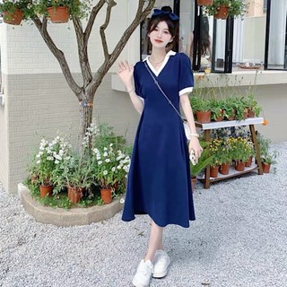 Đầm váy freesize xanh phối cổ trắng form dài