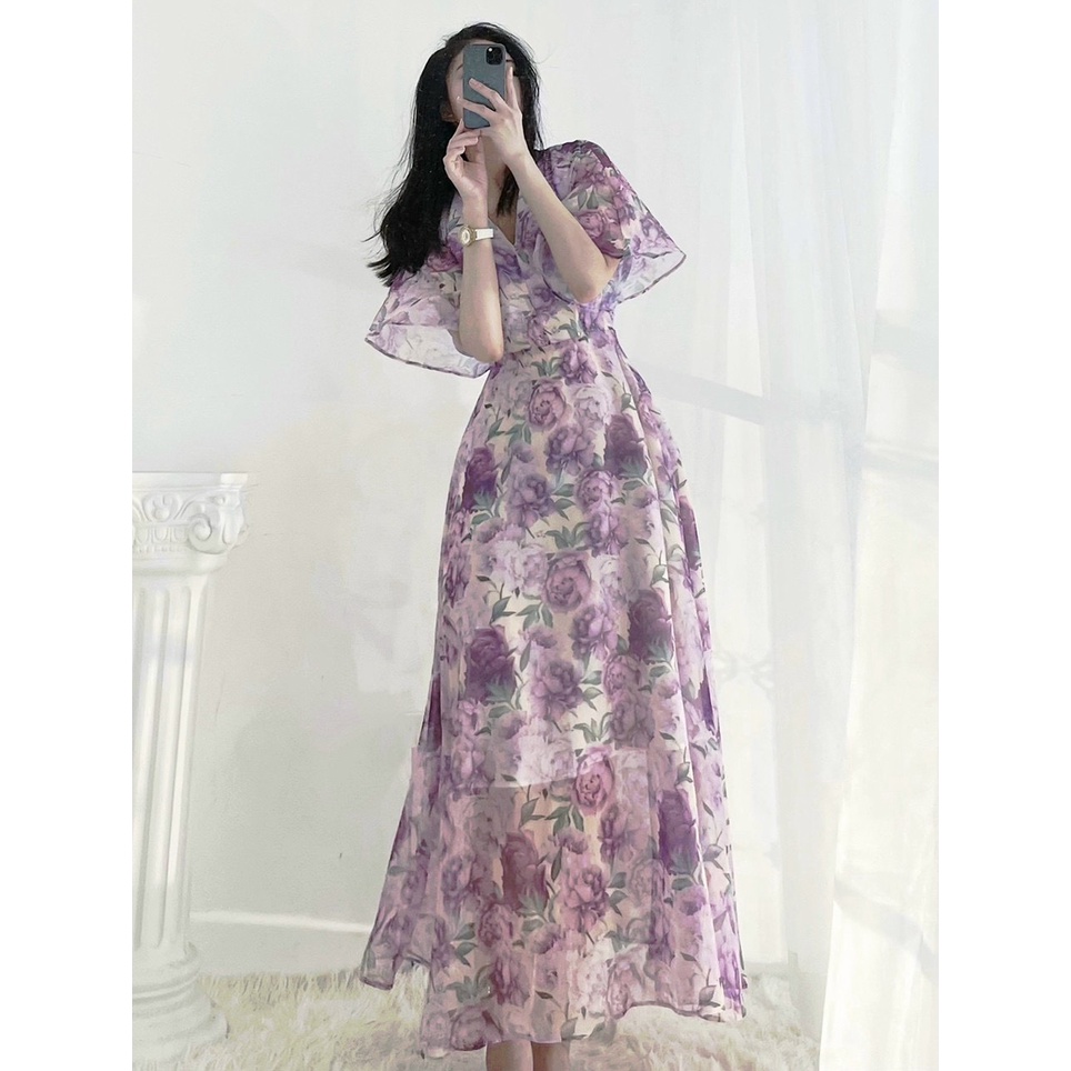 Đầm Cati maxi tơ hoa tím V386